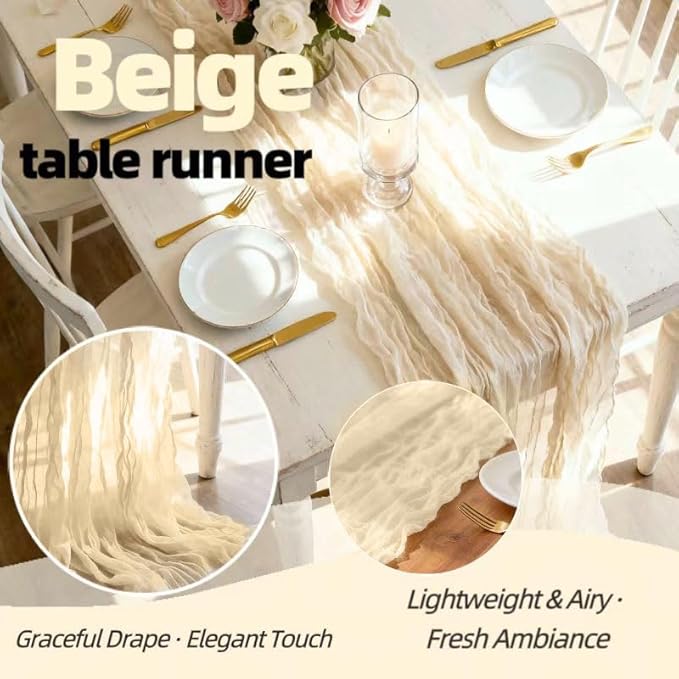 20 Pack Beige Cheesecloth Table Runners 35 x 71 Inch Rustic Boho Gauze Christmas Table Runner for Wedding Arch, Party Decoration, Bridal Shower, Reception, Farmhouse Dining Decor