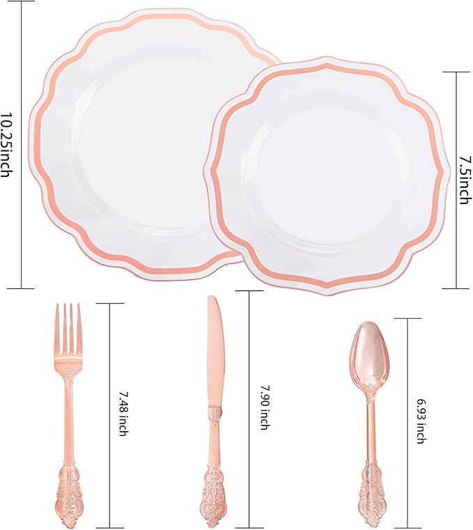 NOCCUR 150PCS Rose Gold Plastic Plates&Rose Gold Silverware-Include 30Dinner Plates, 30Salad plates, 90 Disposable Rose Gold Utensils- Ideal for Weddings/Party/Valentines Day