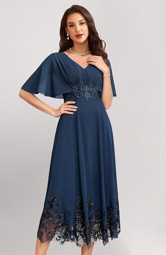 Tea Length Mother of The Bride Dress with Sleeves Laces Formal Evening Gowns for Wedding V Neck Wedding Guest Gown ZMX37