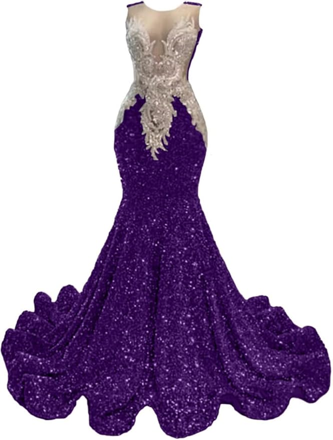 Datangep Crew Neck Sequined Mermaid Prom Dress Applique Crystal Evening Dress Celebrity Pageant Gown