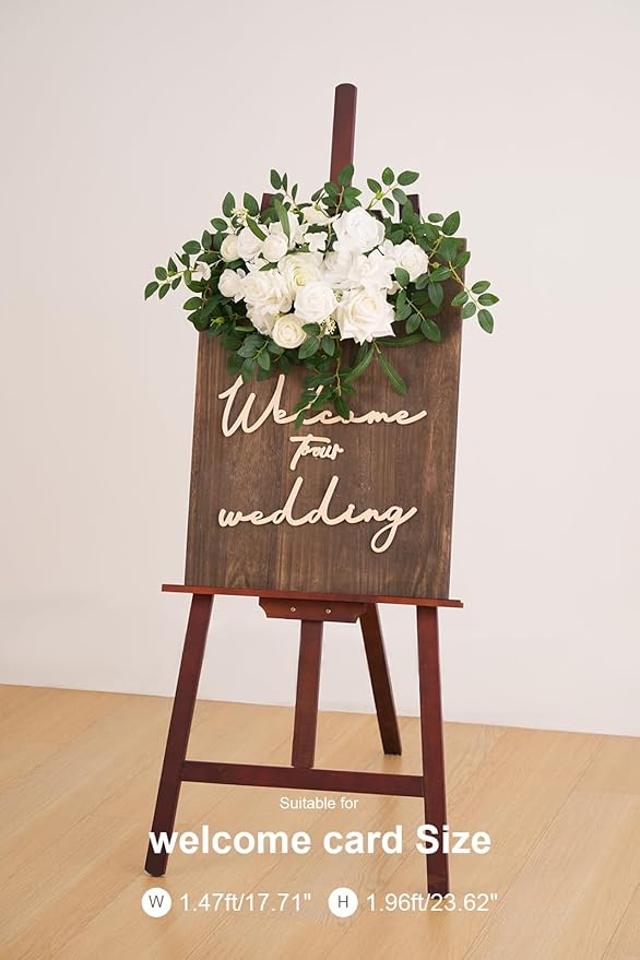 2pcs White & Green Deluxe Welcome Sign Artificial Flowers Wedding Backdrop Garland Hanging Floral Arrangements for Ceremony Reception Entryway Board Sweetheart Table
