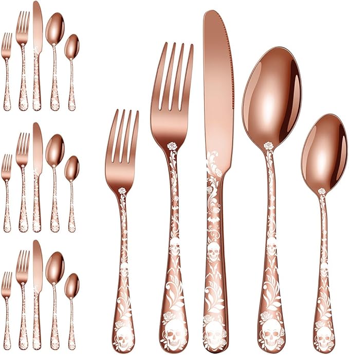 XIAOYU 20 Piece Halloween Skeleton Tableware Silverware Set, Metal Flatware Set Service for 4, Gothic Unique Skull Flower Pattern Design, Skeleton Utensil Cutlery Set for Halloween Easter Christmas