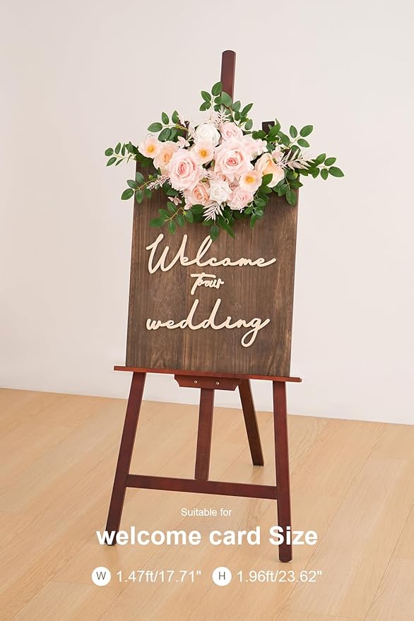 2pcs Champagne & Pink Deluxe Welcome Sign Artificial Flowers Wedding Backdrop Garland Hanging Floral Arrangements for Ceremony Reception Entryway Board Sweetheart Table