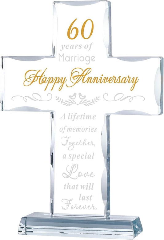 YWHL 60th Anniversary Cross Gifts for Couple Parents, 60 Years Wedding Anniversary Keepsake for Him Her, Laser Carved 60 Years of Marriage Glass Cross Decoration