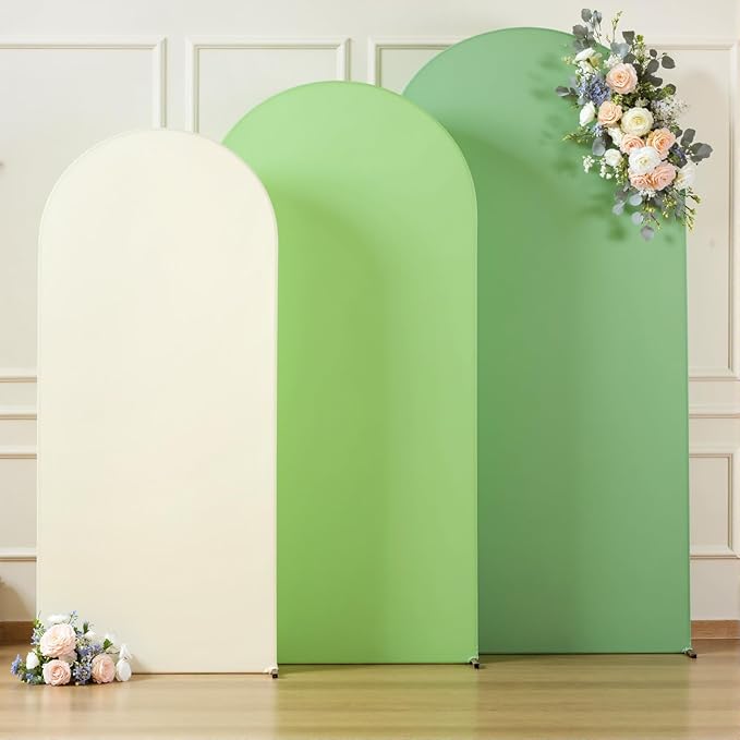 Boho Arch Backdrop Cover 8FT 7.2FT 6.6FT Stretchy Wedding Arch Covers Set of 3 Spandex Fitted Sage Green Light Green Cream Fabric Backdrop Cover for Party Baby Shower Birthday Decoration