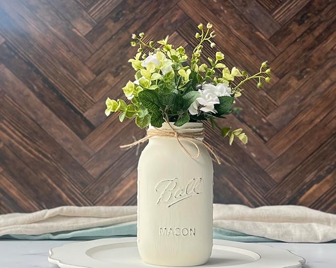 Flower Centerpieces for Tables Bulk - Ivory Mason Jar Centerpieces for Tables, Set of 5-32 oz Hand-Painted Mason Jars - Rustic Bridal Shower Decor for Tables Wedding (5 Ivory w/Greenery/Ivory)