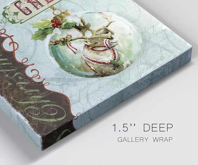 Renditions Gallery Christmas Cheer Ornament Wall Art, Cute Winter Decor, Festive Reindeer with Red & Green Holly, Premium Gallery Wrapped Canvas, Ready to Hang, 32 in H x 32 in W, Made in America