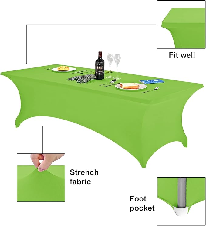 FORLIFE 4Pack Spandex Table Covers，Fitted Tablecloth for 8ft Rectangular Tables, Stretch Patio Table Covers, Universal for Wedding, Banquet, Party (Apple Green)