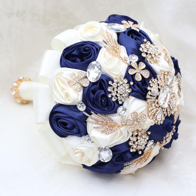 Handmade Wedding Bridal Bouquet with Luxury Gold Rhinestone Brooch for Bride Bridesmaid Quinceanera Satin Rose Flower Wedding Bouquet Navy Blue and Ivory 7.5in
