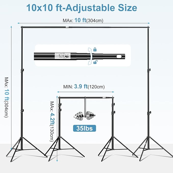 EMART 10x10FT Backdrop Stand Heavy Duty,Photo Back Drop Adjustable Stand Kit with 4 Backdrop Clamps and Carry Bag,Background Support System for Photography Studio,Parties,Wedding,Event Decorations