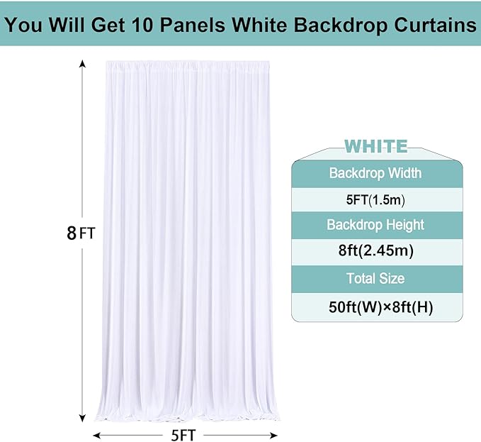 50ftx8ft White Wrinkle Free Backdrop Curtains for Parties, 10 Panels 5×8ft Silky Soft Polyester Wedding Drapes for Backdrop Decor Birthday Party Baby Shower Photo Photography Background Curtain