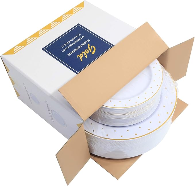 supernal 102pcs Gold Plastic Plates, White Disposable Plates with Gold Point Design, Party Plastic Dinnerware Suit for Wedding-51 Dinner Dishes 10.25" and 51 Dessert Tray 7.25"