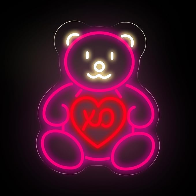 Pink Teddy Bear Neon Sign for Wall Decor, Sweet XO Heart LED Neon Light for Teen Girl Bedroom & Girlfriend Gift, Cute Neon Wall Art for Valentine’s Day Decor & Cozy Room Lighting 15.8"x12.6"