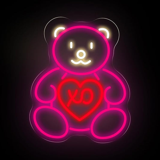 Pink Teddy Bear Neon Sign for Wall Decor, Sweet XO Heart LED Neon Light for Teen Girl Bedroom & Girlfriend Gift, Cute Neon Wall Art for Valentine’s Day Decor & Cozy Room Lighting 15.8"x12.6"