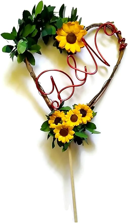 Personalized Sunflower Cake Topper – Rustic Heart Wedding Cake Topper with Custom Wire Name for Bride & Groom, Boho Country Wedding, Farmhouse Ceremony Keepsake Decor