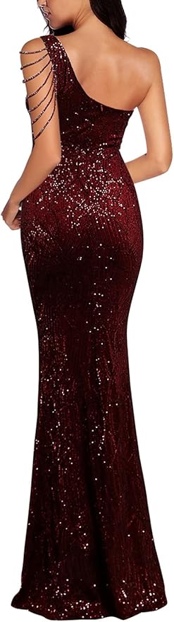 Women One Shoulder 1920s Plus Size Formal Dress Tassels Sleeve Sequins Gatsby Maxi Evening Gown
