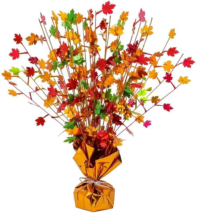 PMU 12Pc Thanksgiving Bursting Party Decoration for Autumn Harvest Seasonal Event, Fall Maple Leaves Table Centerpiece Metallic Foil Spray Centerpieces 15in Red,Gold,Green