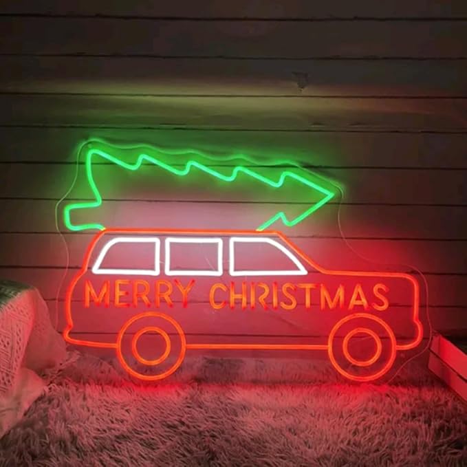Merry Christmas Truck Neon Sign, Custom Christmas Tree LED Neon Light Home Wall Decor Farm Holiday Decor Christmas Red Truck Wall Art Gift Size:20x13inches