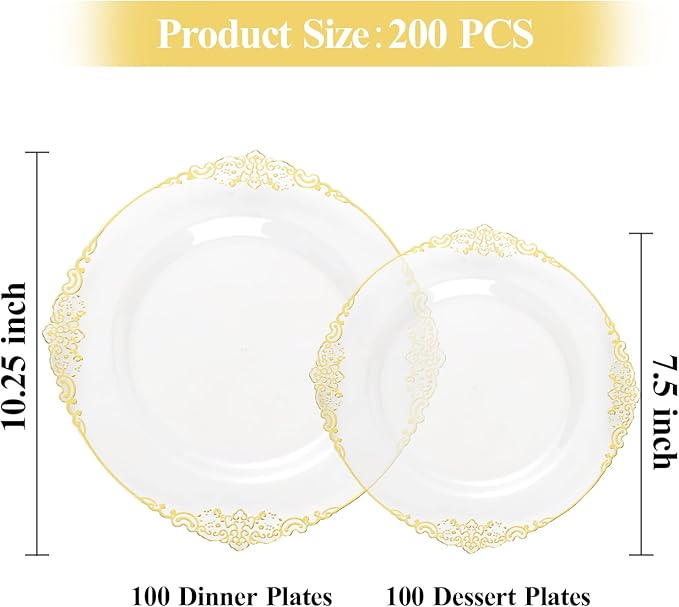 200 PCS Clear and Gold Plastic Plates for 100 Guests, Elegant Clear Disposable Plates with Gold Trim, Include 100 PCS Dinner Plates, 100 PCS Dessert Plates for Party, Birthday and Graduation