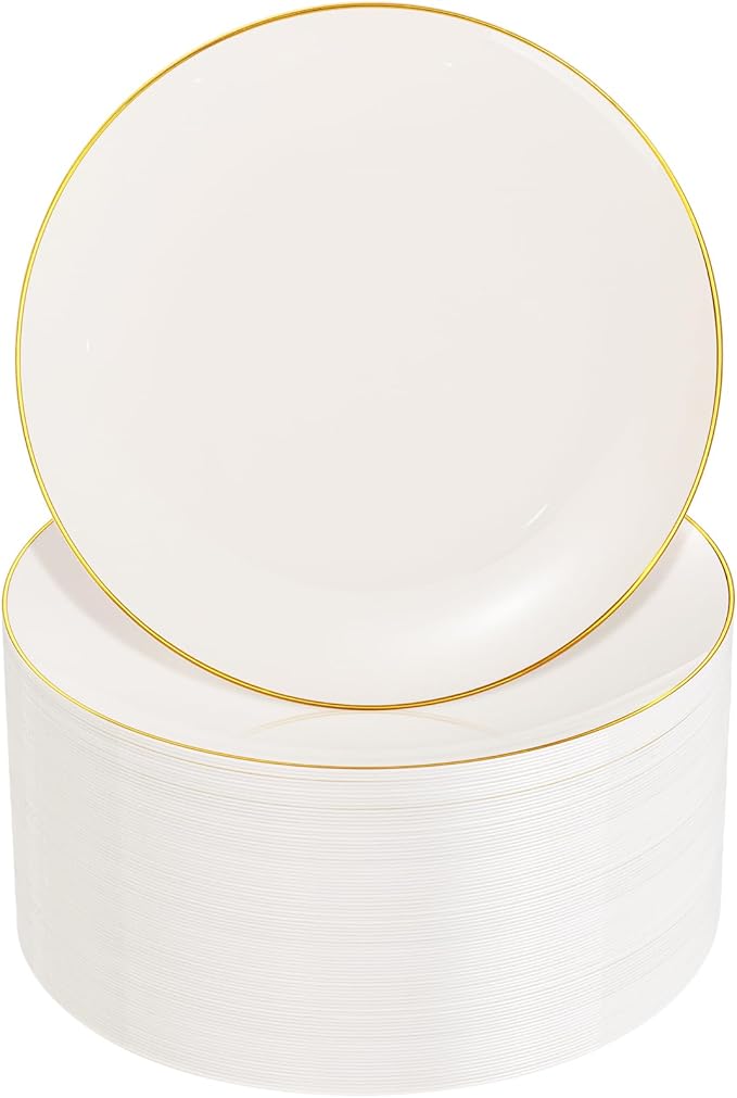 Nervure 100Pcs Ivory and Gold Plastic Plates - 7.5inch Disposable Ivory Dessert/Salad Plates - Heavy Duty Plastic Plate Ideal for Wedding & Party