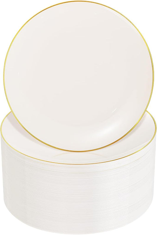 Nervure 100Pcs Ivory and Gold Plastic Plates - 7.5inch Disposable Ivory Dessert/Salad Plates - Heavy Duty Plastic Plate Ideal for Wedding & Party