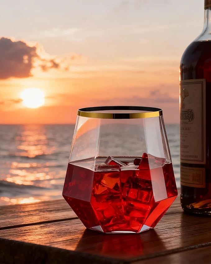BESTSTAR 40 PCS Clear & Gold Rim 12 Oz Plastic Wine Whiskey Glasses, Diamond Stemless Unbreakable Disposable Wine Glasses for Party, Ideal for Beach Holidays,Halloween, Christmas, Weddings,Daily Use