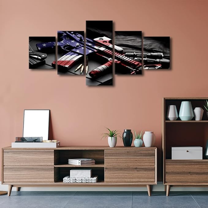 Retro Gun American Flag Military Canvas Print Art Independence Day Home Decor Wall Art Pictures for Living Room 5 Panel Large Poster Painting Stretched by Wooden Framed Ready to Hang 50"Wx24"H