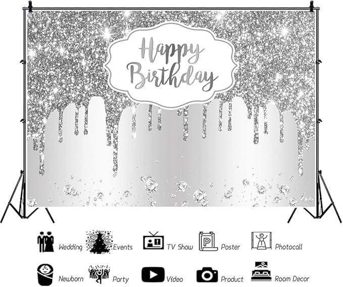 12x8ft Happy Birthday Backdrop Silver Glitter Sparkle Sequins Luxury Dreamlike Photography Background for Elegant Woman Girly Birthday Party Banner Decor Video Shooting Vinyl Studio Props