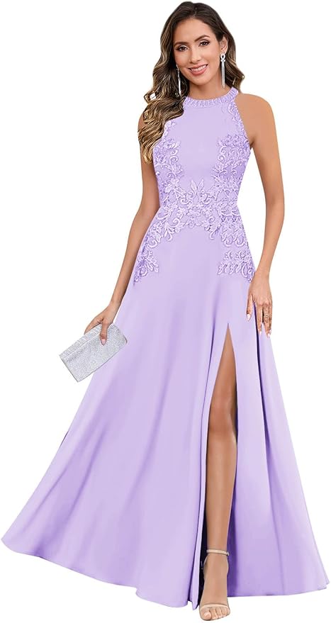 GUKARLEED Halter Lace Appliques Mother of The Bride Dresses for Women Long A-line Formal Wedding Guest Dress with Slit