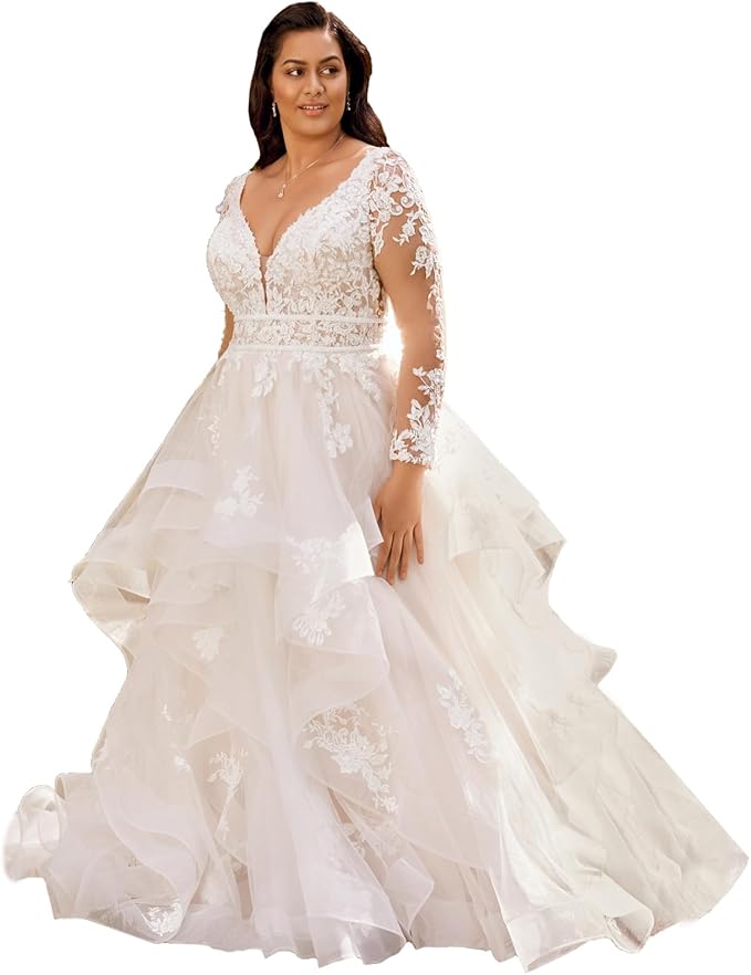 Plus Size Wedding Dresses for Bride Long Sleeve Wedding Bridal Gowns with Lace Appliques Off Shoulder Bride Dress
