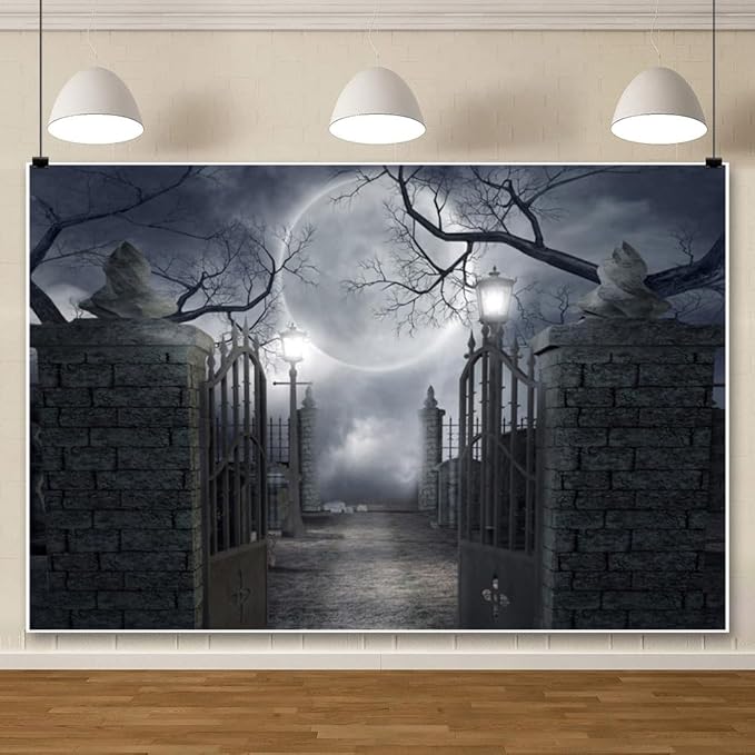 Halloween Night Backdrop Full Moon Cemetery Horrible Gloomy Forest Background Banner Spooky Theme Party Studio Photography Decoration Backdrops 12x10FT Wallpaper