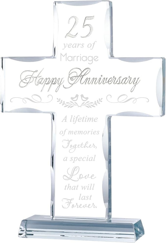 YWHL 25th Wedding Anniversary Glass Cross Gifts for Wife Husband, Laser Engraved 25 Year Anniversary Standing Cross Gifts for Couple, 25 Years of Marriage Decorations