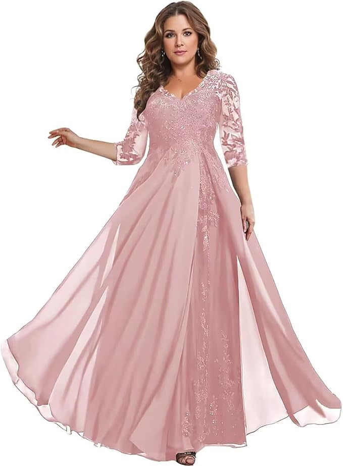 Long Sleeve Mother of The Bride Dress for Wedding Chiffon Lace Applique Formal Gowns BOF163
