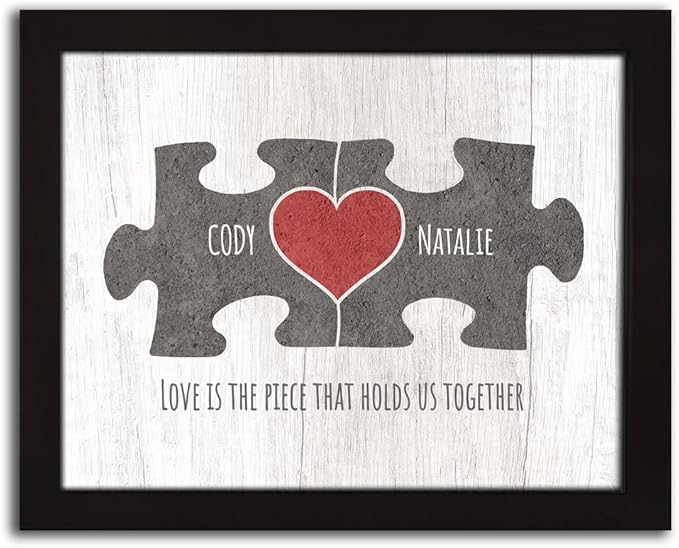 Personal-Prints LOVE PUZZLE - GRAY | Personalized Romantic Canvas Art Gift with Your Names | Custom for Valentine’s Day or Wedding Anniversary (11"x14" Framed Paper Print)