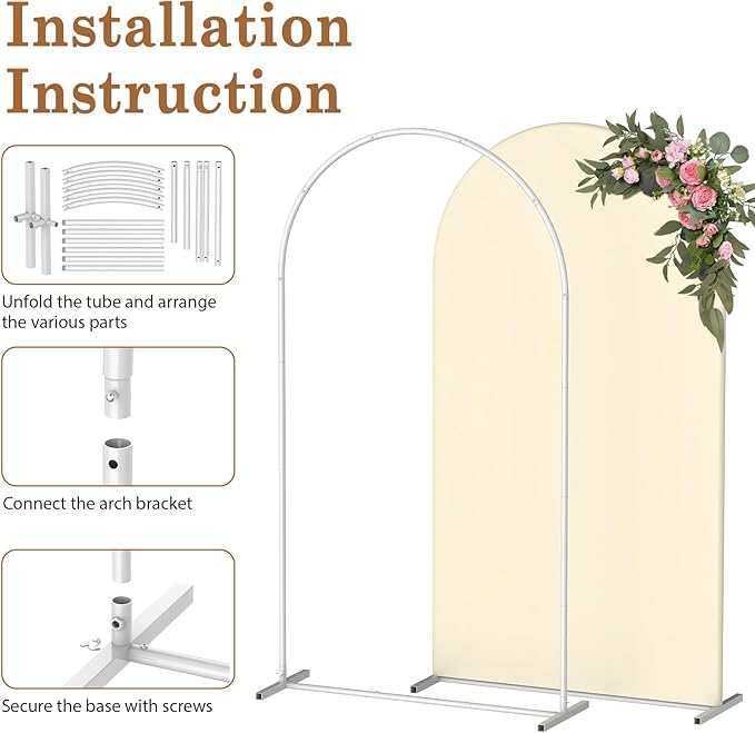 Wedding Arch Backdrop Stand with Arch Cover Spandex,7.3Ft Metal Balloon Arch Stand Frame for Wedding Birthday Party Baby Shower Bridal Banquet Decoration, Beige