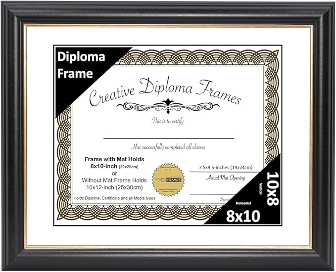 Creative Picture Frames 8" x 10" Rockefeller Black with Gold Rim Diploma Frame, Displays 8" x 10" Certificate or 10" x 12" Document without Mat, College Degree Frame, Full-Strength Glass, White Mat