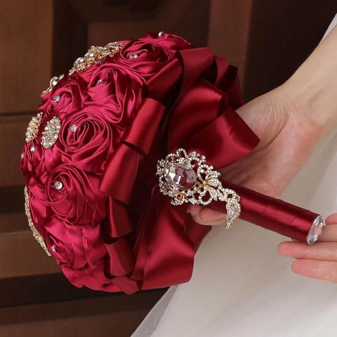 Dark Red Handmade Wedding Bridal Bouquet with Luxury Gold Rhinestone Brooch Satin Rose Flower Bouquet for Bride Bridesmaid Quinceanera Wedding Bouquet Dark Red 7.5in