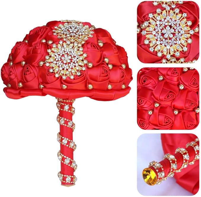 Red Bridal Wedding Bouquet with Luxury Gold Rhinestone Brooch Pearls Bouquet for Bride Bridesmaid Quinceanera Satin Rose Flower Bouquet Wedding Red 7.1in