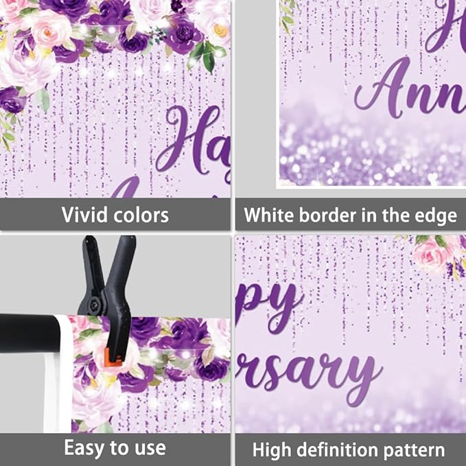 10x8ft Happy Anniversary Backdrop, Floral Glitter Backdrop for Women Wedding Anniversary Decoration Violet and Pink Flowers Photography Background Cake Table Banner Party Decor