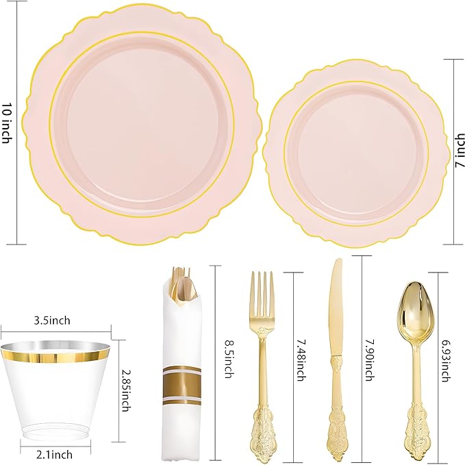 Liacere 700PCS Pink Plastic Plates-Dinnerware Sets for 100 Guests-200 Disposable Plates(10inch,7inch),300 Pink Plastic Silverware,100 Cups,100 Napkins for Wedding&Valentine's Day&Galentines Day