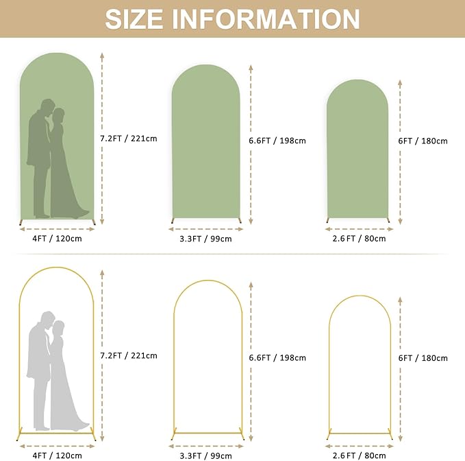 Arch Backdrop Stand and Cover Set of 3 6FT 6.6FT 7.2FT Gold Arch Backdrop Stands and Sage Green Spandex Arched Covers for Party Balloon Metal Arched Frame for Bridal Shower Decorations
