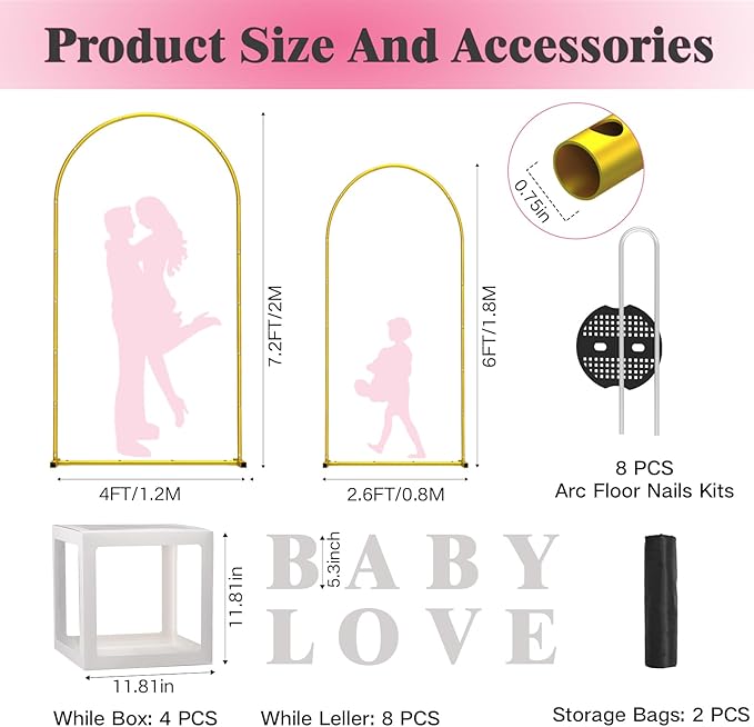 Gold Metal Wedding Arch Backdrop Stand Set of 2 (7.2FT & 6FT), Balloon Arch Stand for Wedding Ceremony, Baby Shower, Birthday Party, Graduation Decoration Easy to Assemble, Indoor Outdoor Use