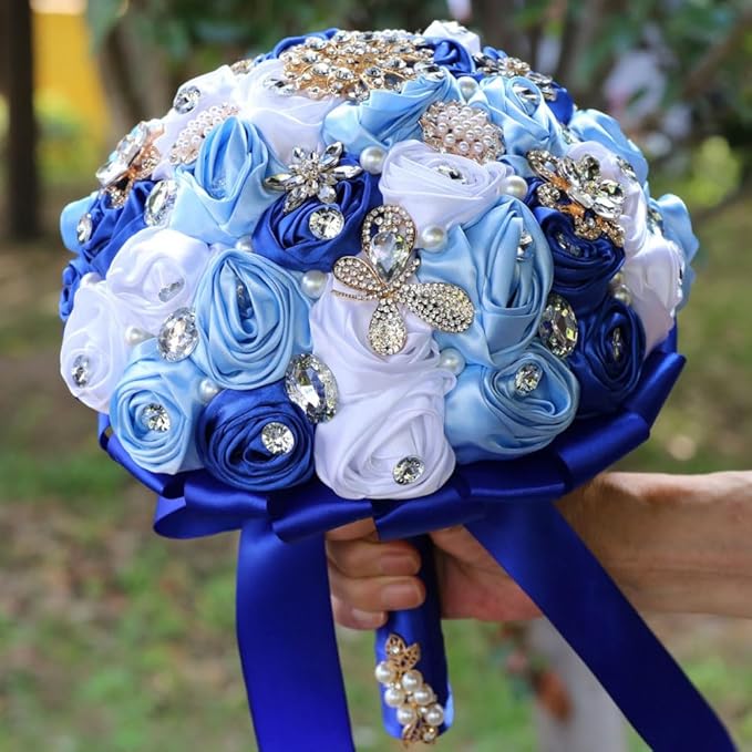 Wedding Bridal Bouquet Handmade with Bling Rhinestone Brooch Pearl for Bride Bridesmaid Quinceanera Bouquet Satin Rose Flower Bouquet Wedding Royal Blue Light Blue and White 9.8in