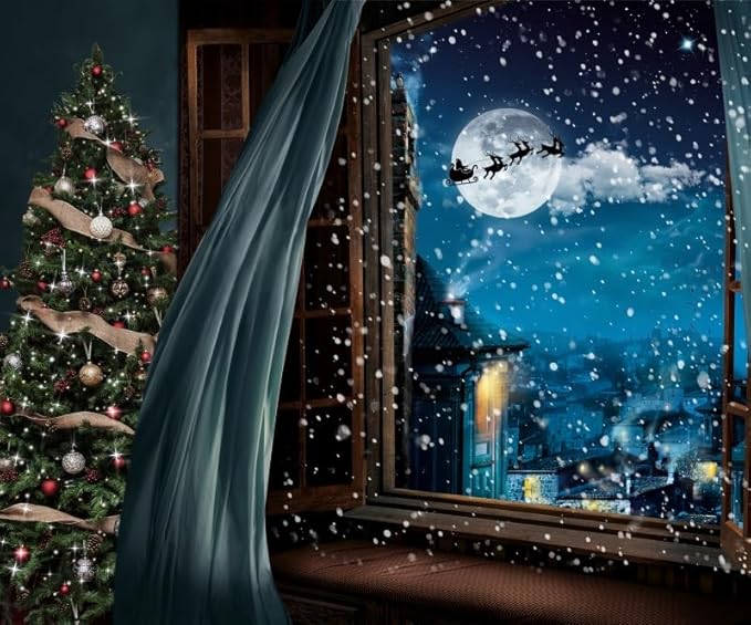 Christmas Backdrop 10x8ft Christmas Window Snowy Scene Photography Backdrop Xmas Tree Snow Background Merry Christmas Happy New Year Party Decoration Banner Portrait Photoshoot Studio Props