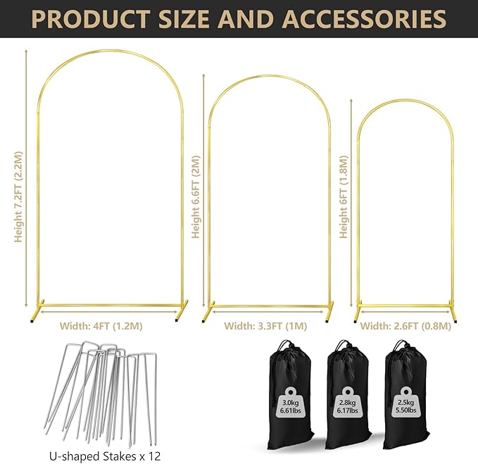 Arch Backdrop Stand Set of 3 Gold Wedding Arches for Ceremony Bridal Arch Stand 7.2FT & 6.6FT & 6FT Garden Arbor Frame for Wedding Birthday Party Baby Shower Photo Booth Background Decor