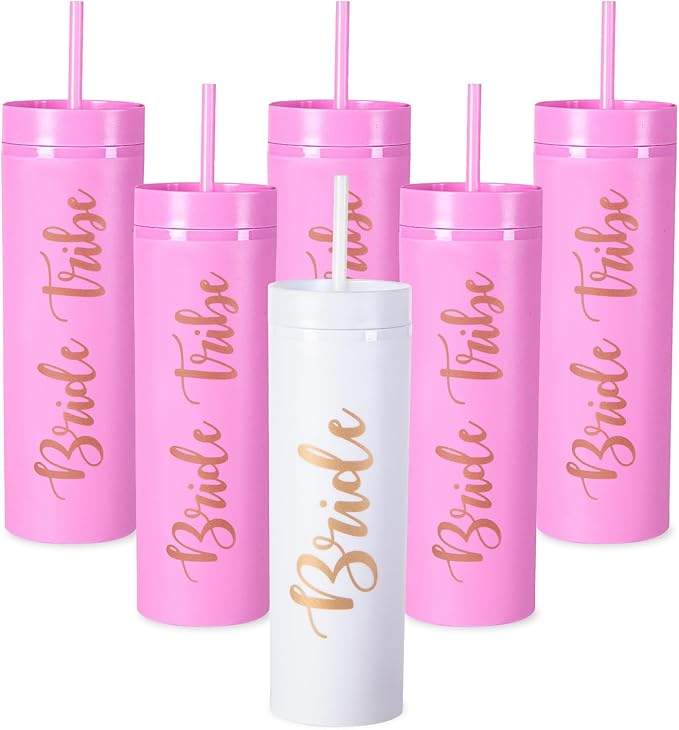 6 Pack Bride to Be Skinny Tumbler | 16 oz Bride Tribe Tumblers | Bachelorette Party Cups | Engagement Wedding Gifts Bridesmaids Mugs & Supplies (Pink)