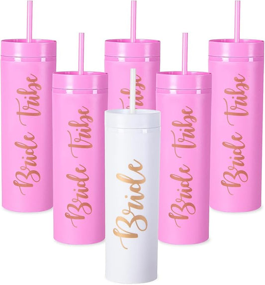 6 Pack Bride to Be Skinny Tumbler | 16 oz Bride Tribe Tumblers | Bachelorette Party Cups | Engagement Wedding Gifts Bridesmaids Mugs & Supplies (Pink)