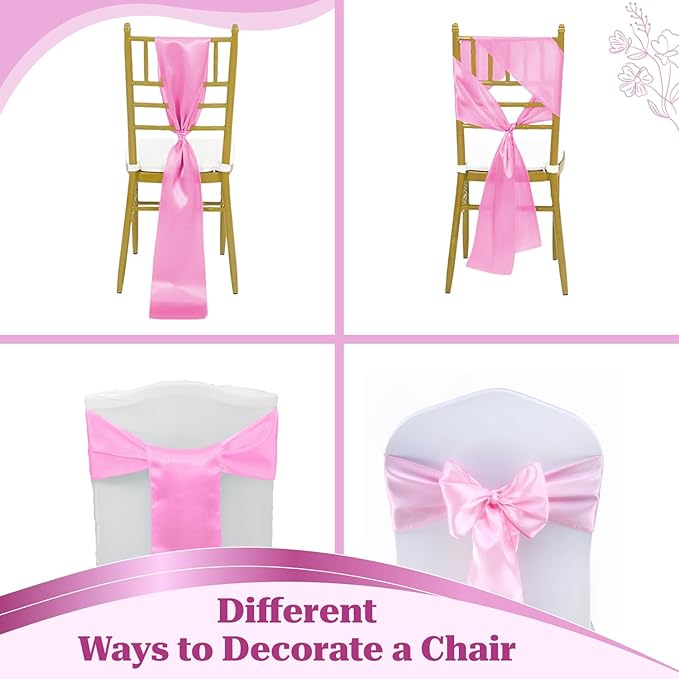 VDS Satin Chair Sashes Chair Cover Back Tie Sateen Bows Ribbon for Wedding Birthday Graduation Engagement Ceremony Event Party Banquet Venue Hotel All Dining Chair Decoration (200PC) (Pink)