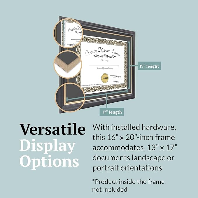 Creative Picture Frames 13" x 17" Rockefeller Black with Gold Rim Diploma Frame, Displays 13" x 17" Certificate or 16" x 20" Document without Mat, College Degree Frame, Full-Strength Glass, Black Mat