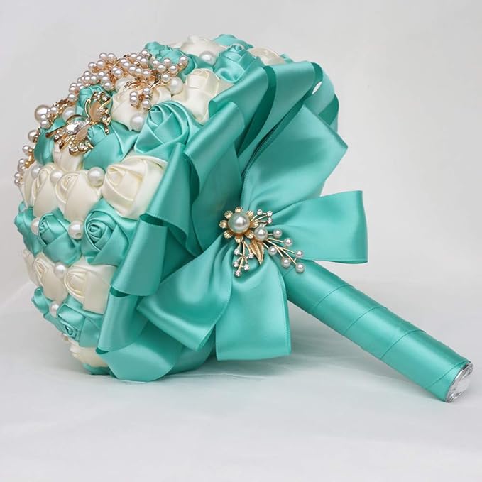 Handmade Wedding Bride Bridesmaid Bridal Bouquet Rose Holding Toss Artificial Flowers Bouquets with Satin Ribbon Pearls Rhinestone for Wedding Celebration Valentine’s Day Parties Bouquet Decor